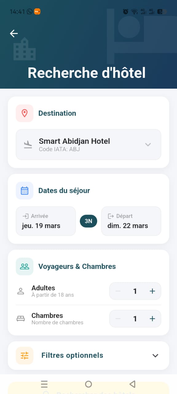 Ecran de recherche d'hotel SmilGo