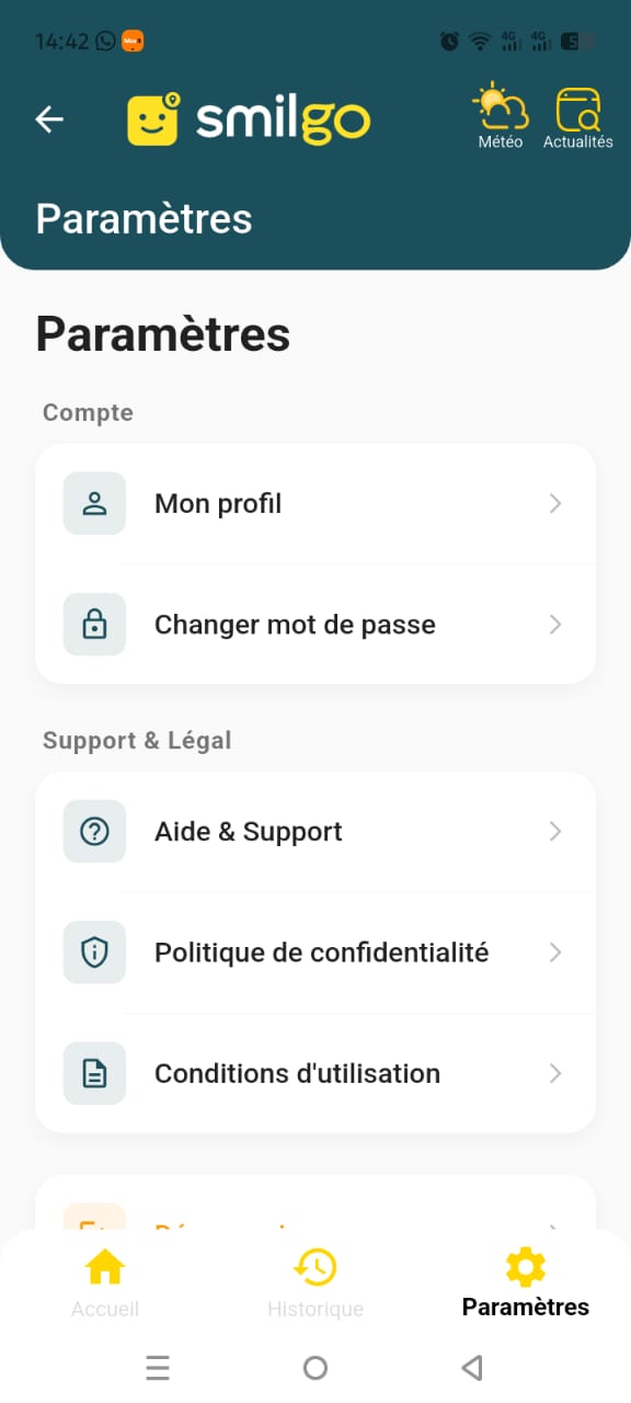 Ecran parametres SmilGo